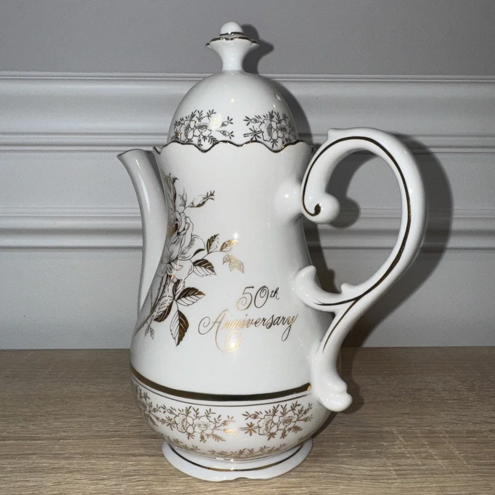 VTG 25Th Anniversary Tea Coffee Pot‎ AB-190 Norcrest Chatillon White Gold Japan